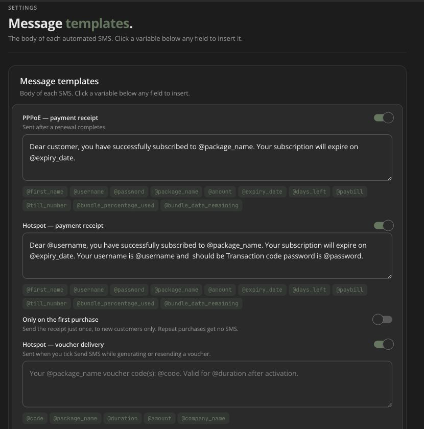 PPPoE and hotspot payment confirmation message templates