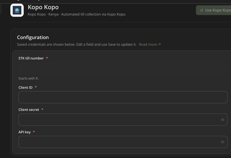 Kopo Kopo payment gateway settings with the demo till number redacted