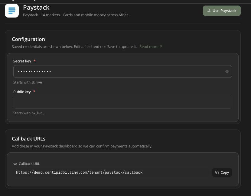 Paystack payment gateway settings with the demo public key redacted