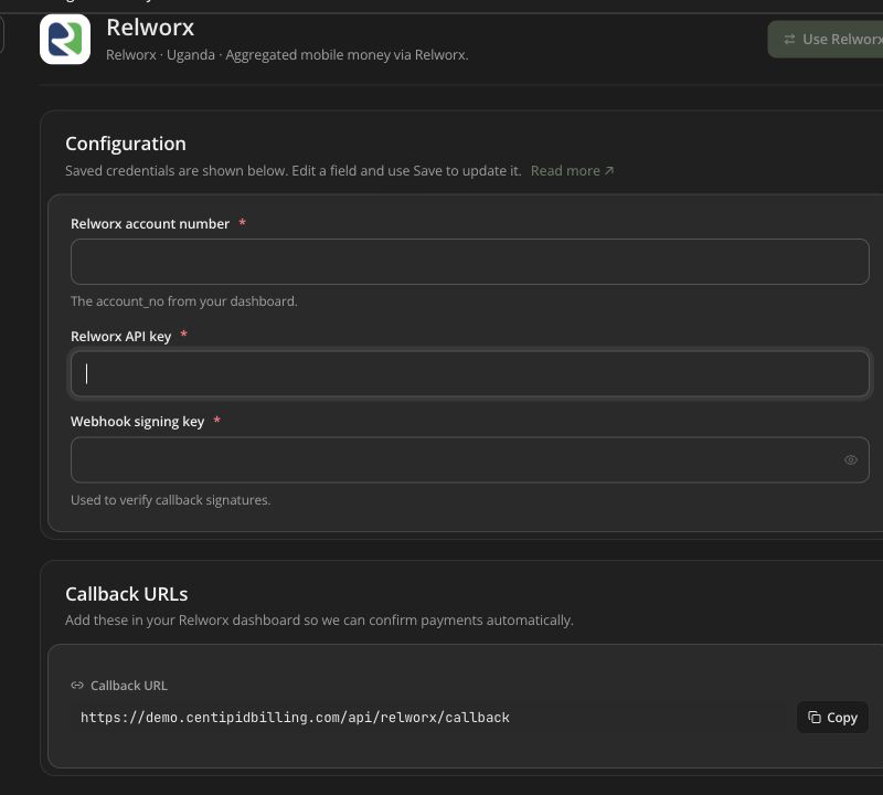 Relworx payment gateway settings and callback URL in Centipid