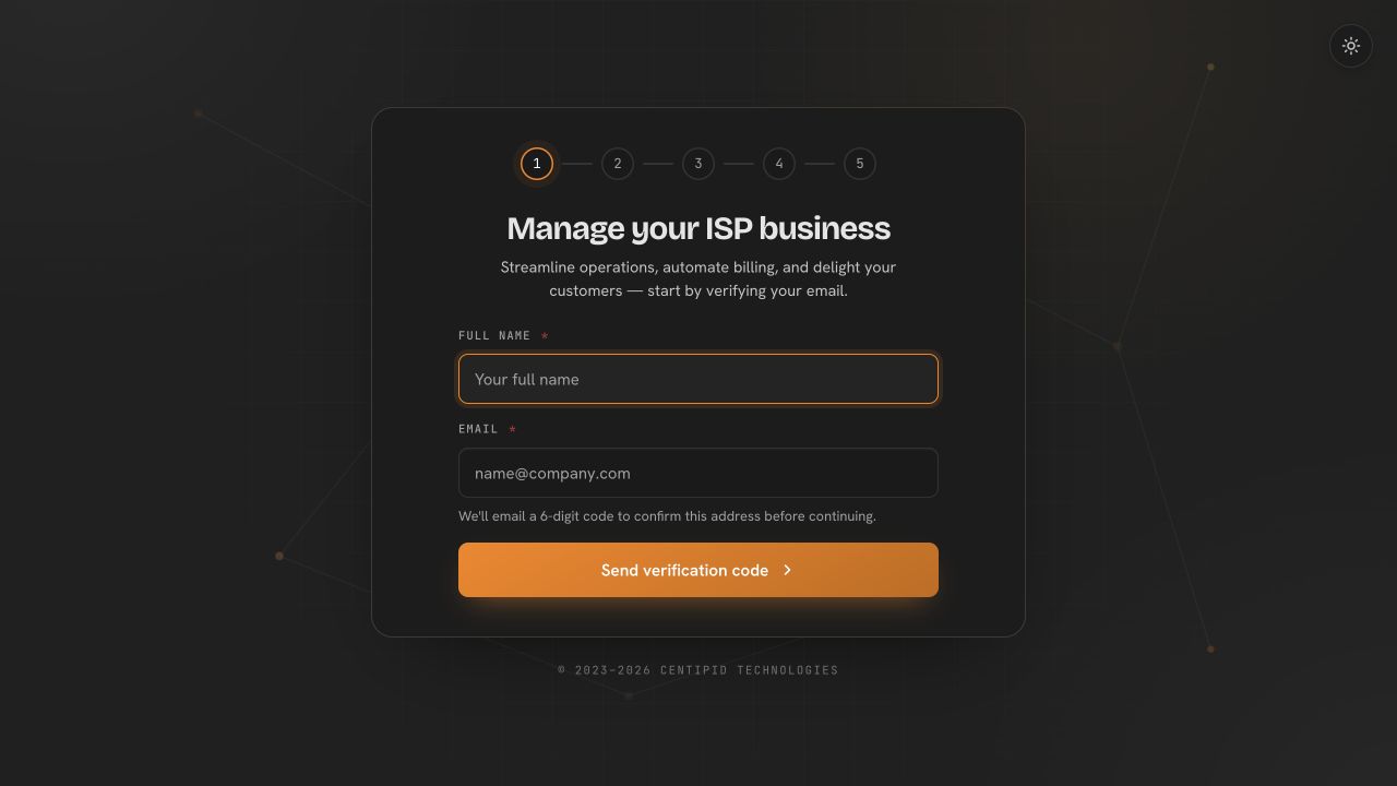 The first step of the Centipid Billing ISP registration wizard, with fields for the owner’s full name and email address.